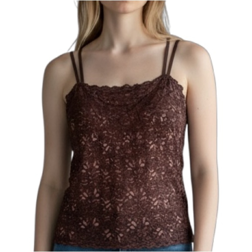 Y2K Brown Lace Built-In Bra Stretchy Cami Tank Top Size S